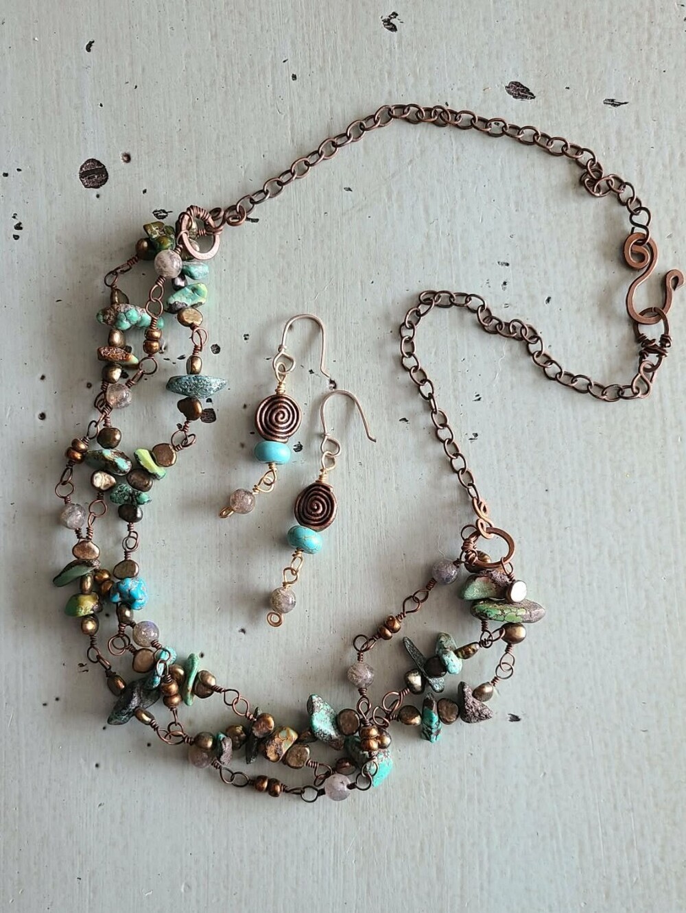 Handmade Turquoise Green And Copper Beaded Necklace and Earring Set